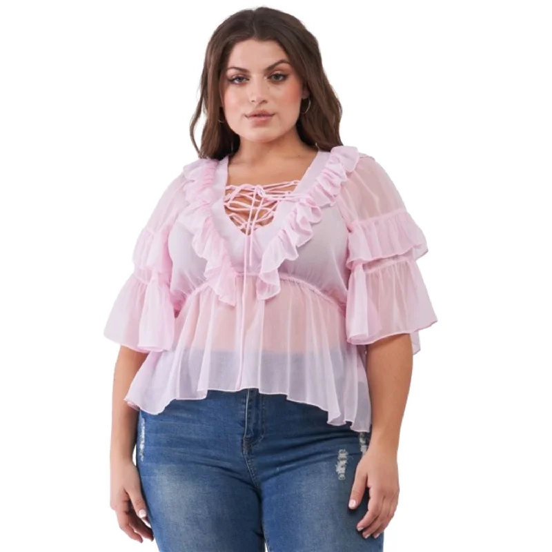 Plus Sheer Mesh Ruffle Lace-up V-neck Detail Wide Sleeve Relaxed Top Limited Stock