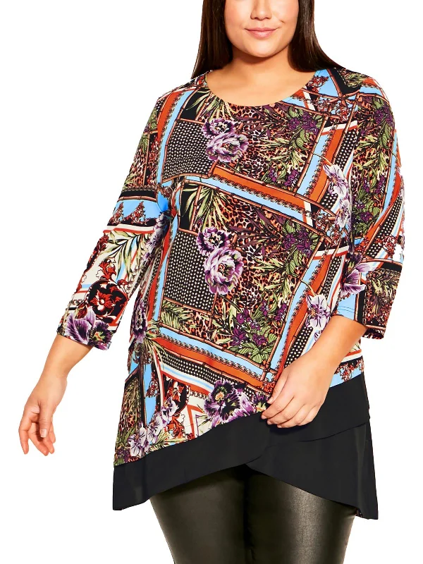 Plus Simone Womens Printed 3/4 Sleeve Tunic Top Vintage Look