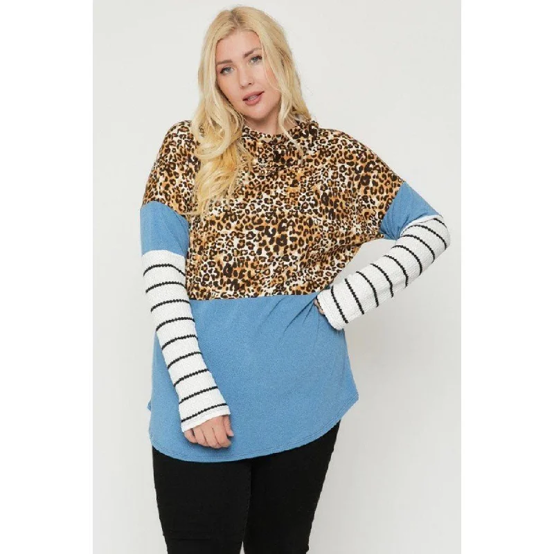 Plus Size Color Block Hoodie Featuring A Cheetah Print Refined Simplicity