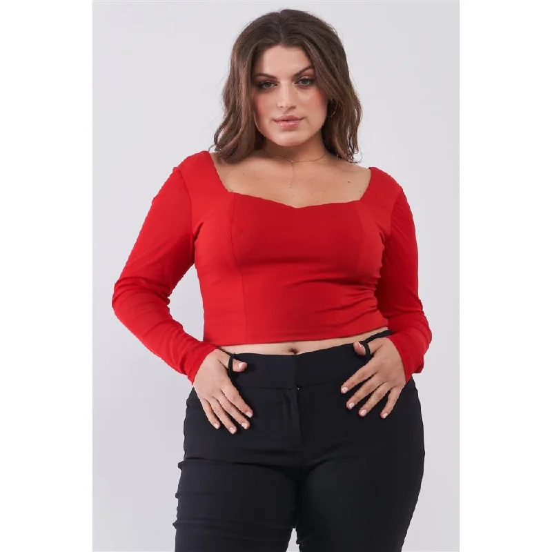 Plus Size Crimson Red Long Mesh Sleeve Sweetheart Neck Detail Structured Crop Top Trendy Street Style Attire