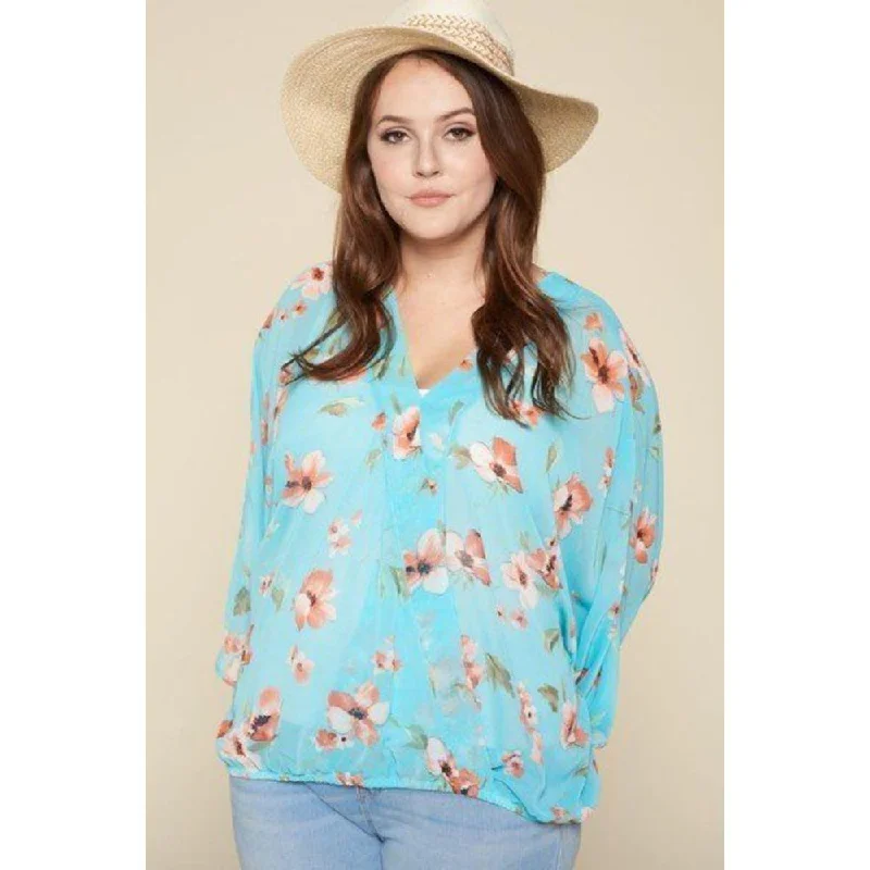 Plus Size Floral Chiffon Sheer Surplice Top Cool Prices