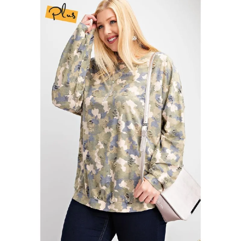 Plus Size Long Sleeve Distressed Printed Rayon Pullover Top Grab Romantic Date - Night Styles Now