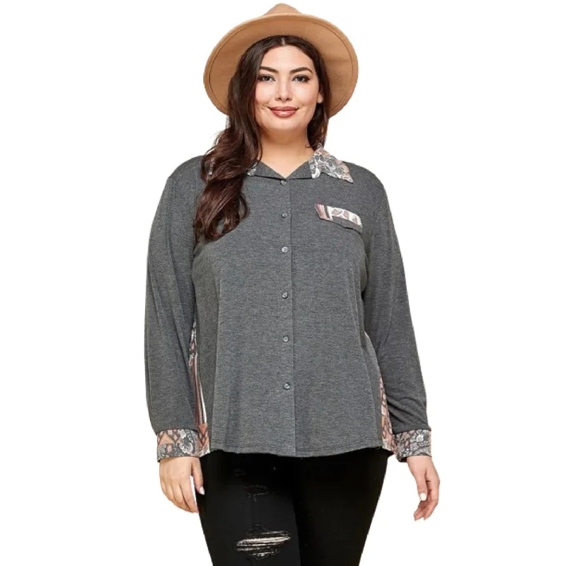 Plus Size Printed Patchwork Contrast Button Up Shirt Hot Trends