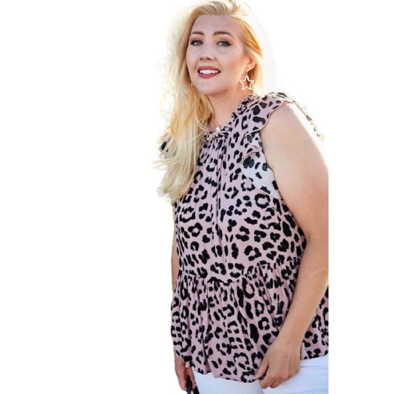 Plus Size Round Neck Back Button Leopard Print Top Low Price Special