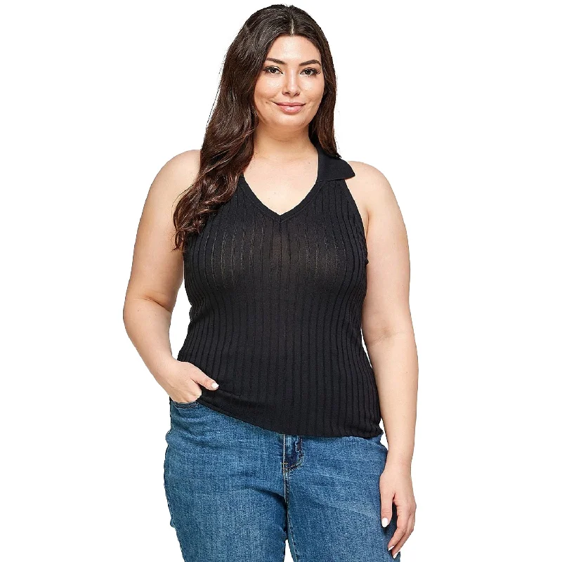 Plus Size, Solid Ribbed Knit Polo Sleeveless Top Trend Setting Wardrobe