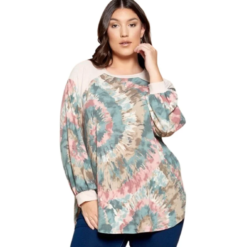 Plus Size Tie Dye French Terry Print Balloon Sleeve Top First Order Discount