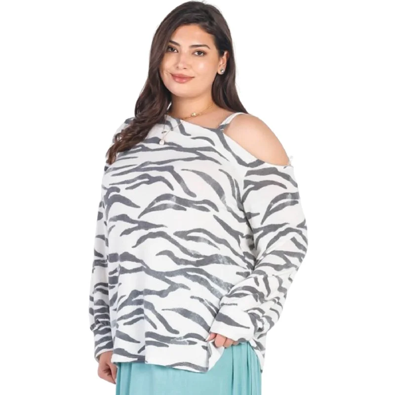 Plus White & Charcoal Zebra Flannel Cold Shoulder Long Sleeve Top Best Sellers