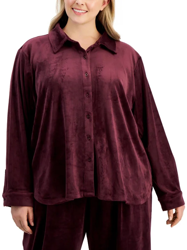 Plus Womens Button down Velour Blouse Vibrant Femme Fashion