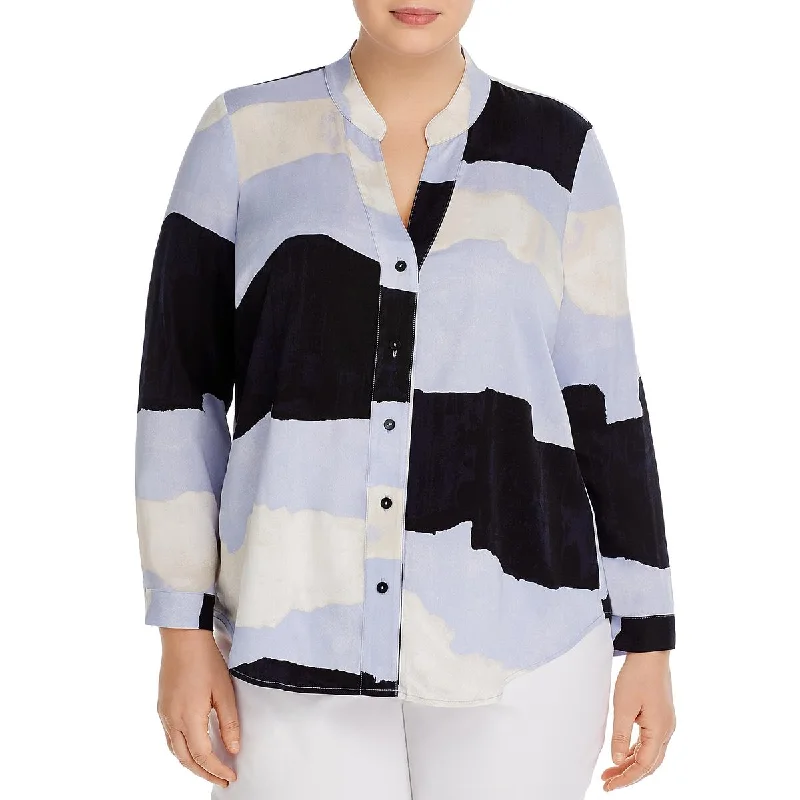 Plus Womens Colorblock HI-Low Button-Down Top Trend Alert