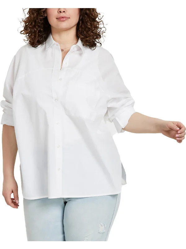 Plus Womens Cotton Collared Button-Down Top Score Big On Glamorous Red - Carpet Styles