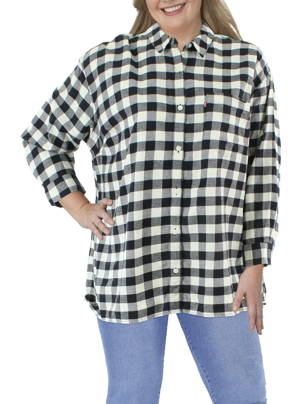 Plus Womens Cotton Plaid Button-Down Top Seasonal Picks