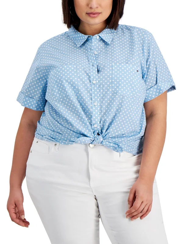 Plus Womens Cotton Polka Dot Button-Down Top Athleisure Wear Promotion