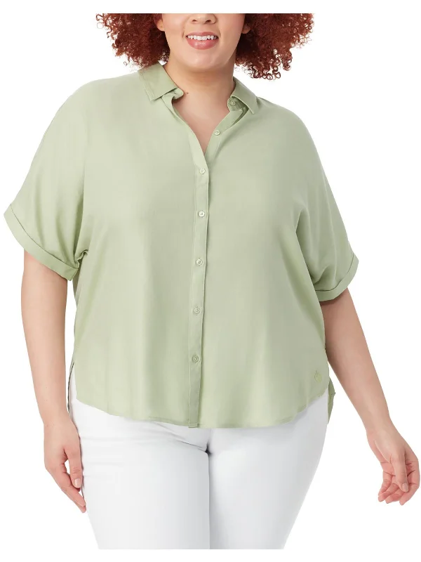 Plus Womens Cotton Short Sleeve Button-Down Top Feminine Soft - Hued Look