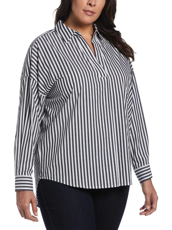 Plus Womens Cotton Split Neck Button-Down Top Fashion Deal