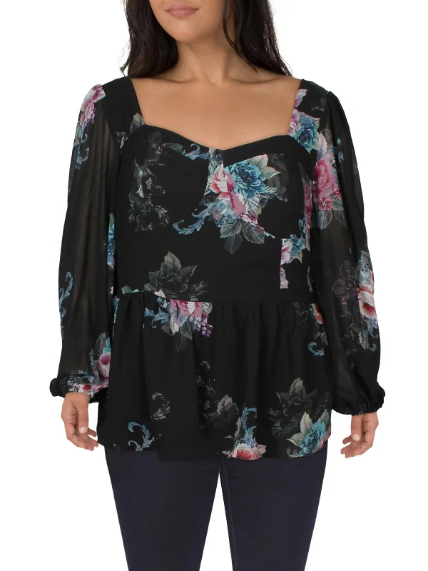 Plus Womens Floral Print Polyester Blouse Feminine Elegant