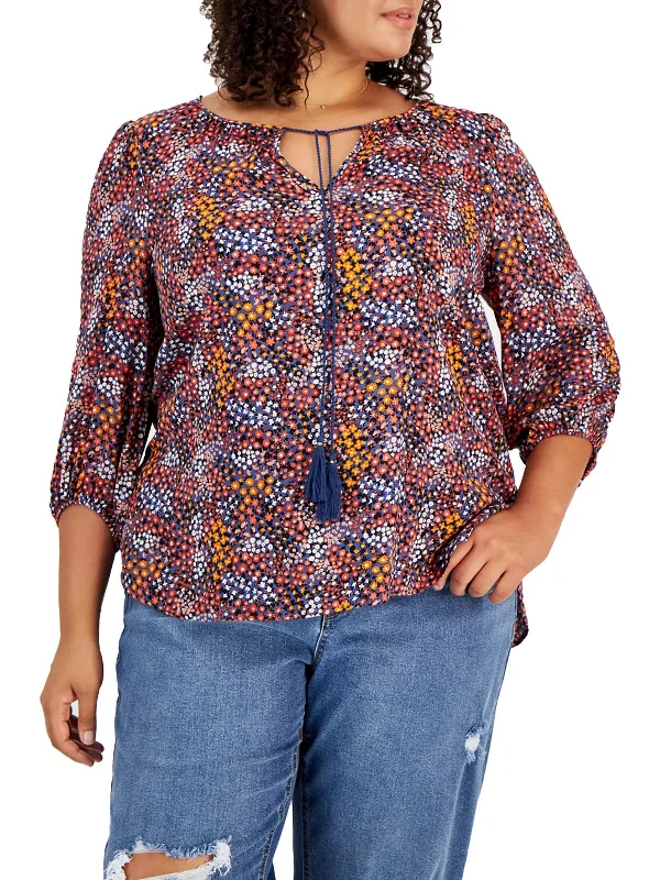 Plus Womens Floral Print Tassel Blouse Hot Trends