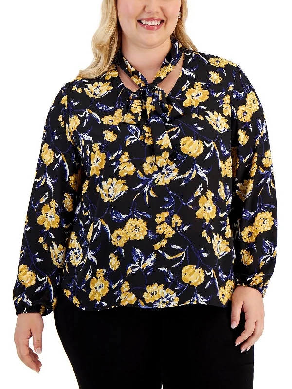 Plus Womens Floral Tie-Neck Blouse Hot Trends