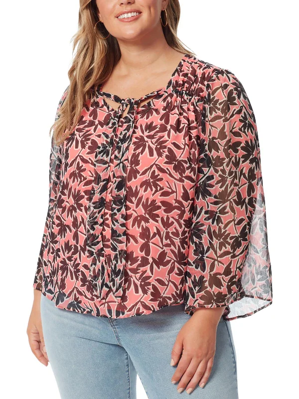 Plus Womens Floral Tie-Neck Blouse Discover Now