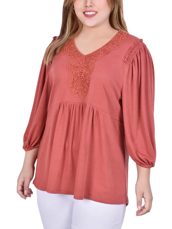 Plus Womens Lace V Neck Peasant Top Luxury Comfort