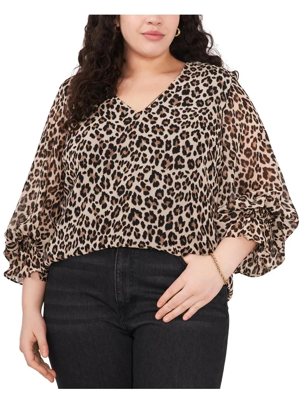 Plus Womens Leopard Print V-Neck Blouse Premium Style