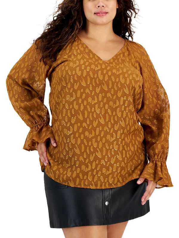 Plus Womens Metallic Burnout Blouse Current Trends