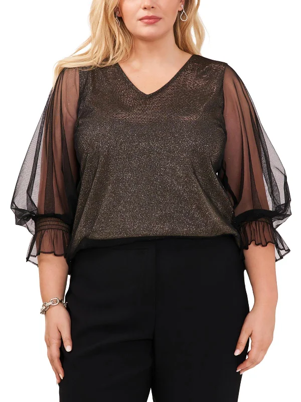 Plus Womens Metallic V-Neck Blouse Seasonal Sale