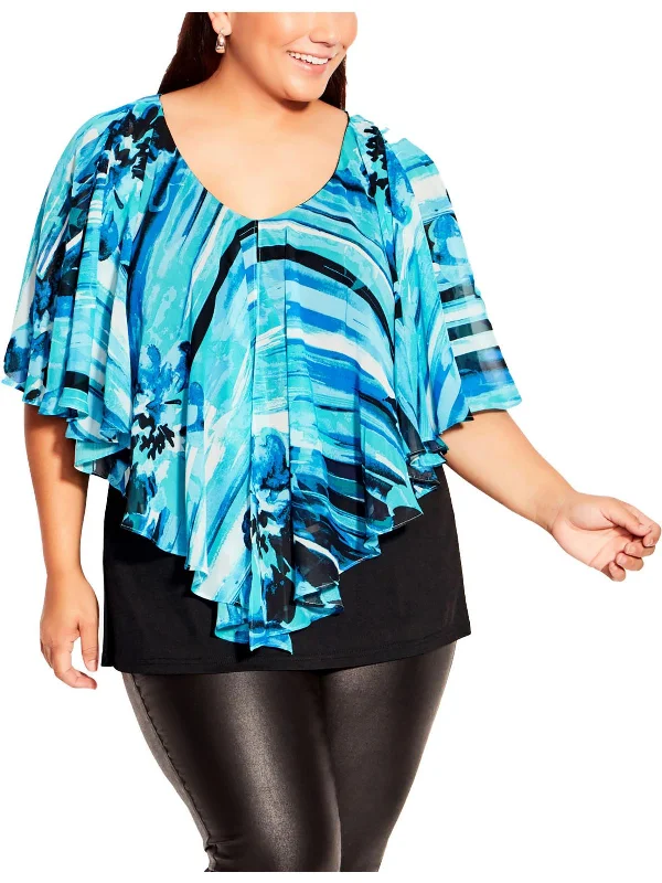 Plus Womens Overlay V-Neck Blouse Trendy Street Style Attire