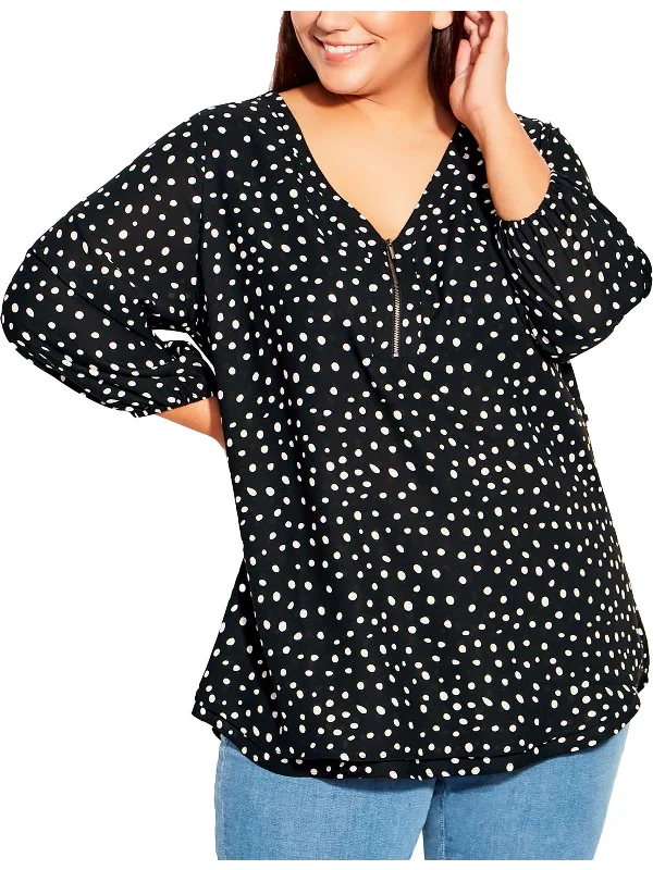 Plus Womens Polka Dot 1/4 Zip Blouse Mid Season Sale