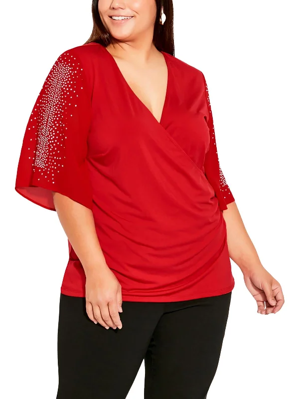 Plus Womens Polyester Rhinestones Pullover Top Summer Deals