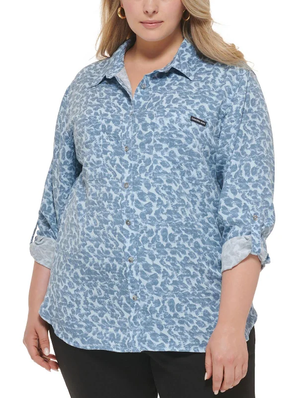 Plus Womens Printed Long Sleeve Button-Down Top Exclusive Sale