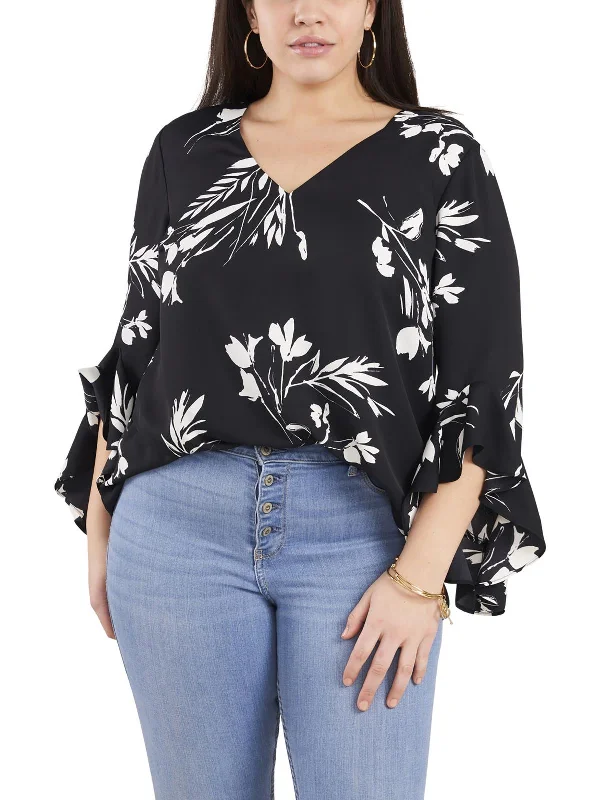 Plus Womens Printed V-Neck Blouse Lighten Up With Nordic Styles