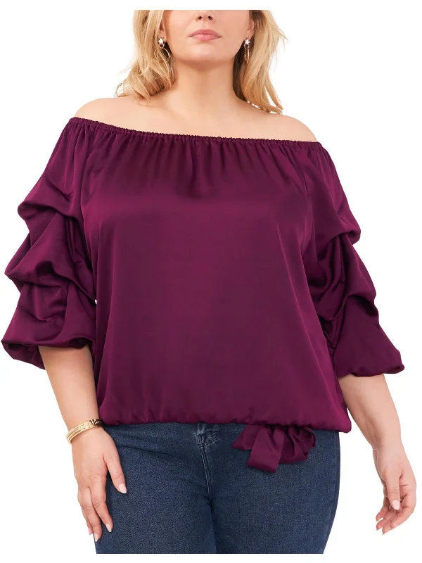 Plus Womens Ruched Ruffle Sleeve Off The Shoulder Cottagecore Rustic Charm Style