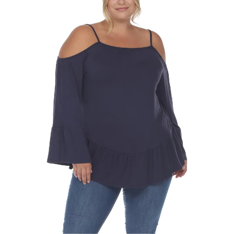 Plus Womens Ruffled Hem Cold Shoulder Peasant Top Save Big