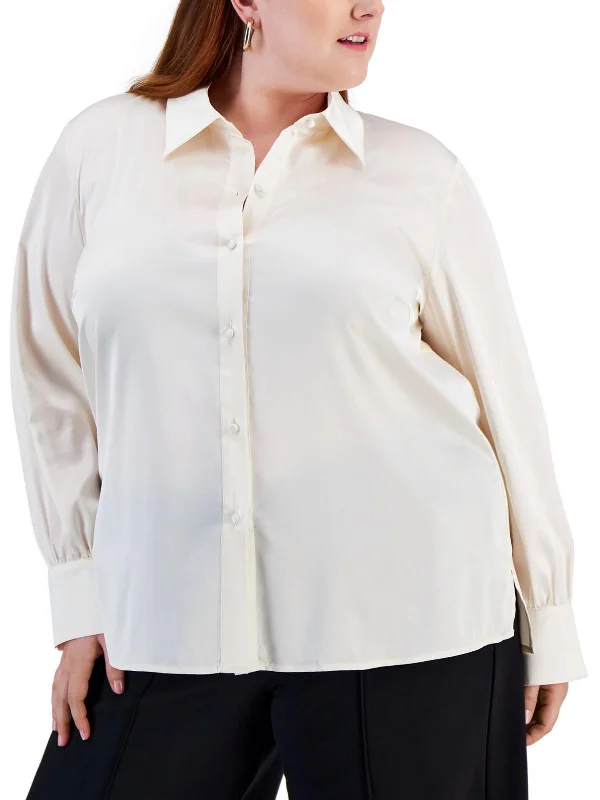 Plus Womens Satin Collared Button-Down Top Stylish Basics