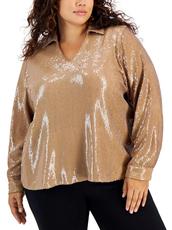 Plus Womens Sequined Collared Blouse Style Beyond Borders