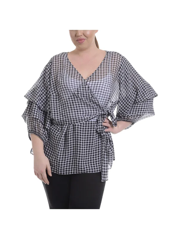 Plus Womens Sheer Gingham Wrap Top Today Only