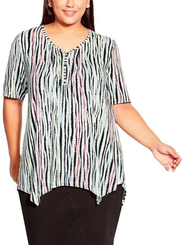 Plus Womens Striped Sharkbite Hem Henley Trendy Clothing Sale