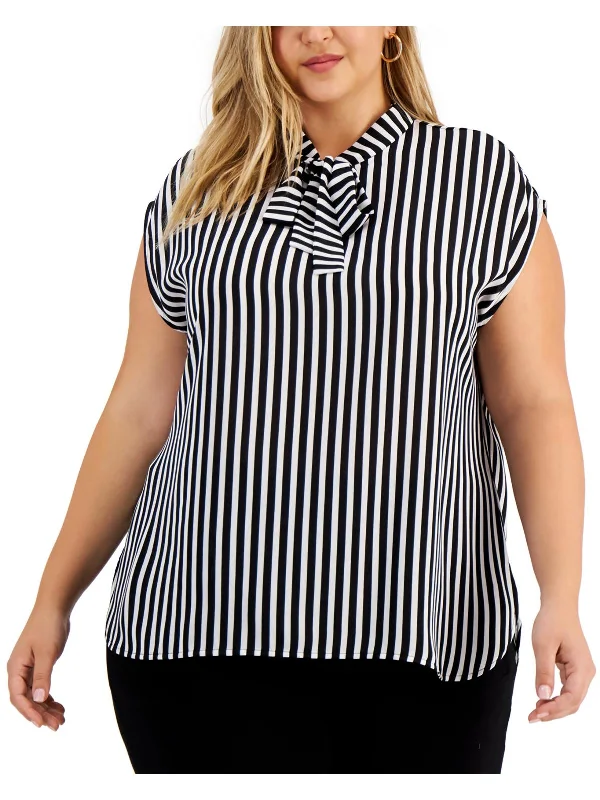 Plus Womens Striped Tie-Neck Shell New Arrivals