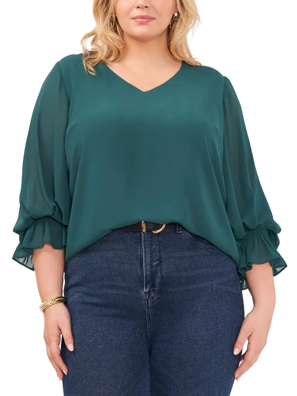 Plus Womens V-Neck Ruffle Sleeve Blouse Versatile Wardrobe Essentials