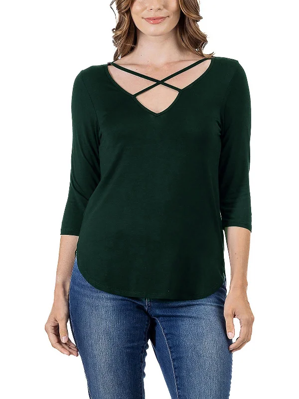 Plus Womens V Neck Three Quarter Sleeve Pullover Top Feminine Soft - Hued Look