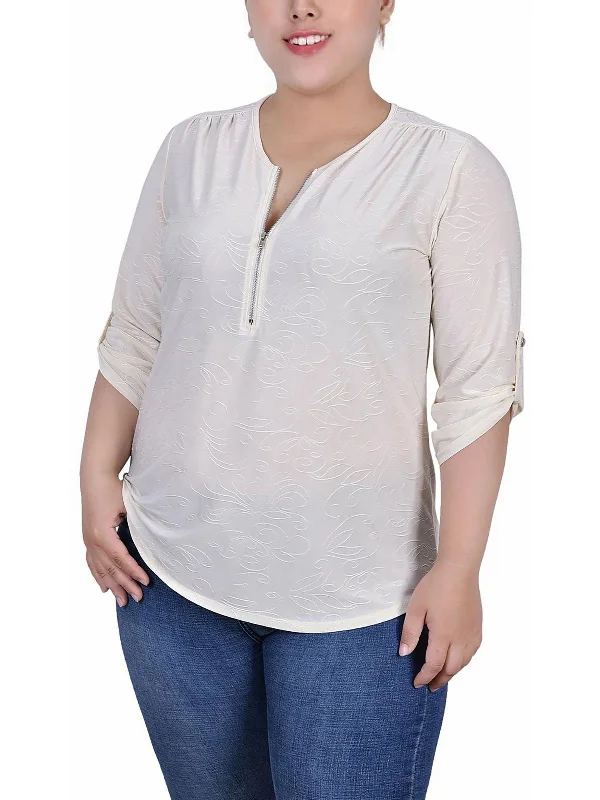 Plus Womens Zip Front Rolled Sleeve Henley Trend Alert