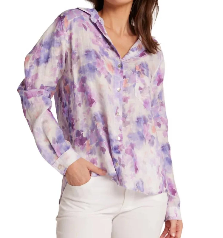 Pocket Button Down Shirt In Iris Floral Print Romantic Date - Night Ensemble