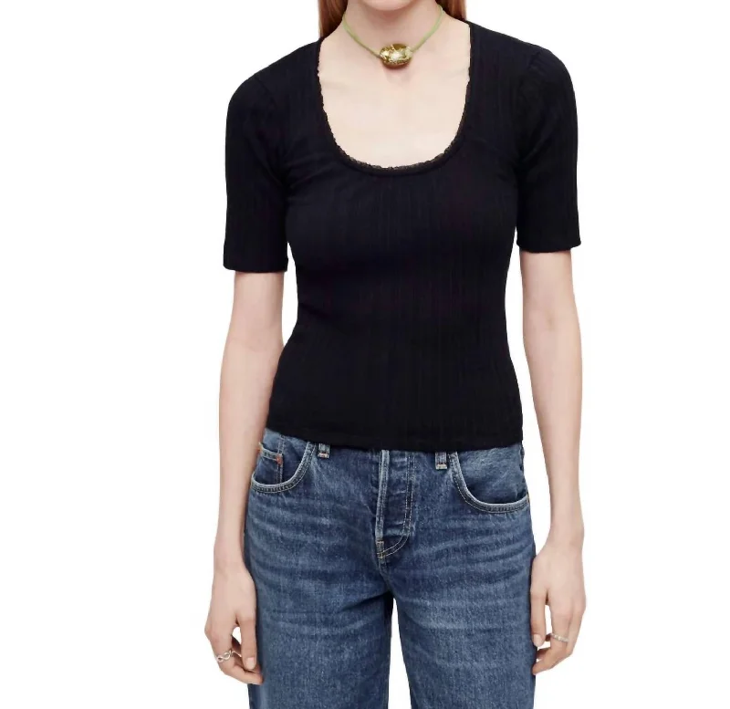 Pointelle Scoop Neck Tee Top In Black Fashion Sale