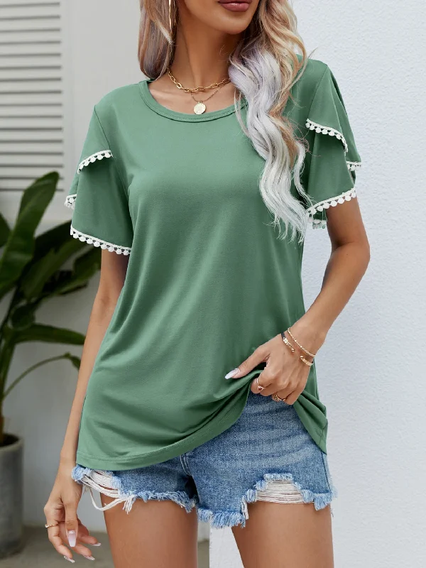 Pom-Pom Trim Flutter Sleeve Round Neck T-Shirt Must Haves