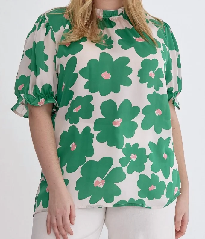 Poppy Floral Mock Neck Puff Sleeve Top In Green Big Savings On Rustic Countryside Styles