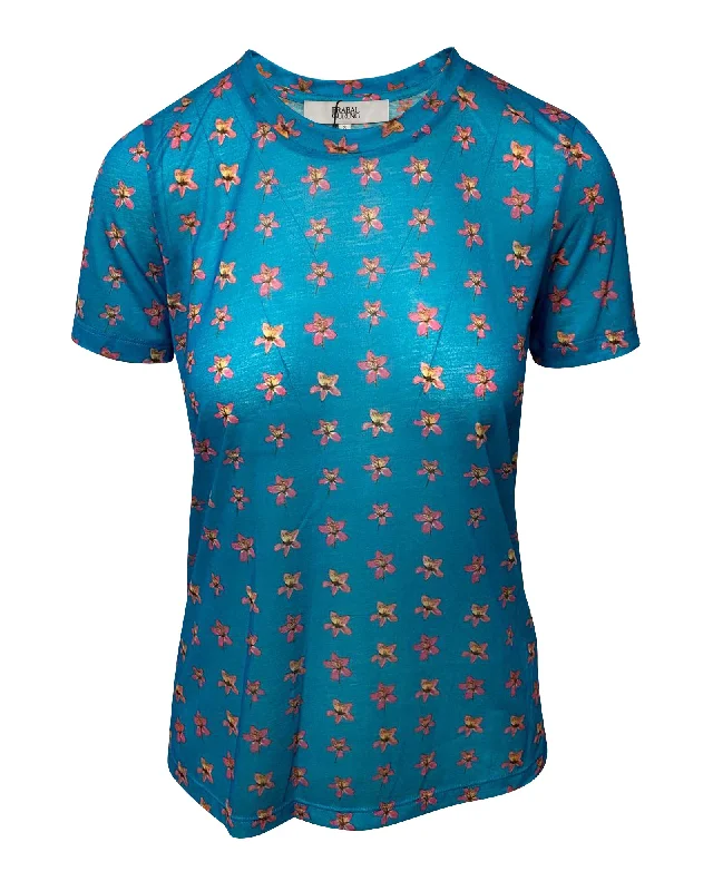 Prabal Gurung Floral Print Top in Turquoise Polyester Save Big