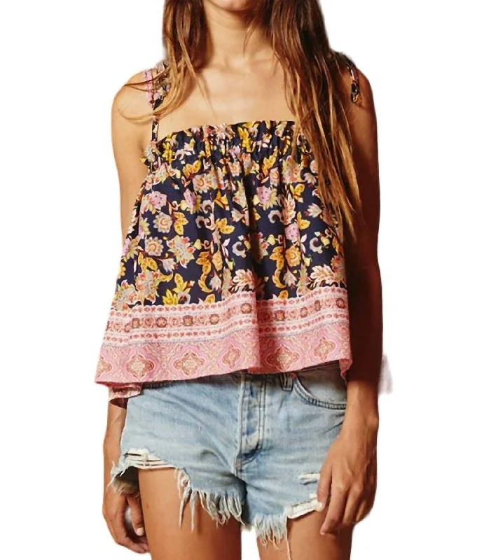 Print Knot Shoulder Flare Cami Top In Blue/pink Brand Name Clothing Discount Extravaganza