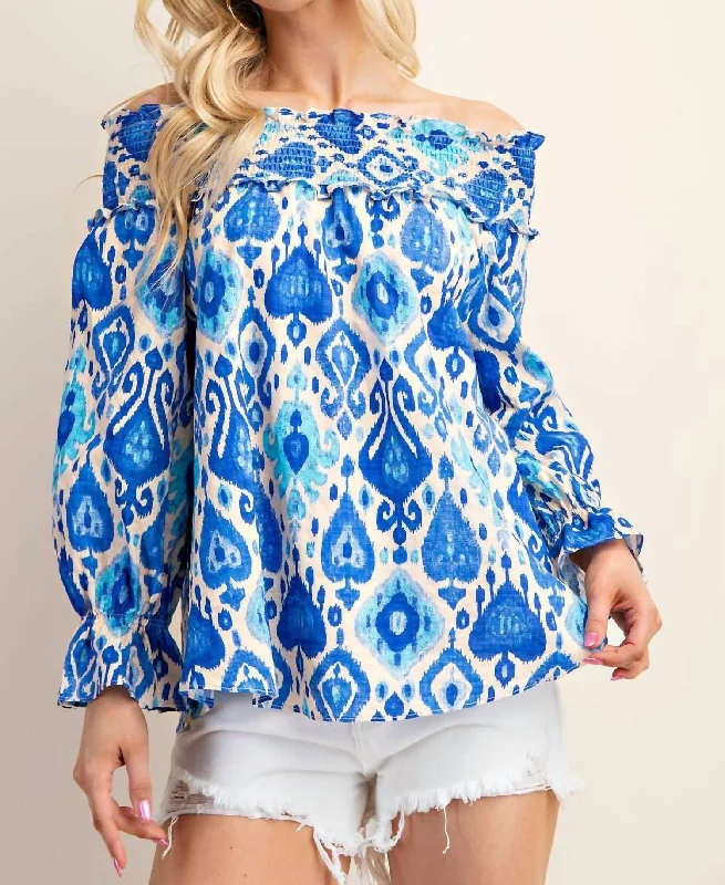 Print Off Shoulder Top In Blue Romantic Detailing