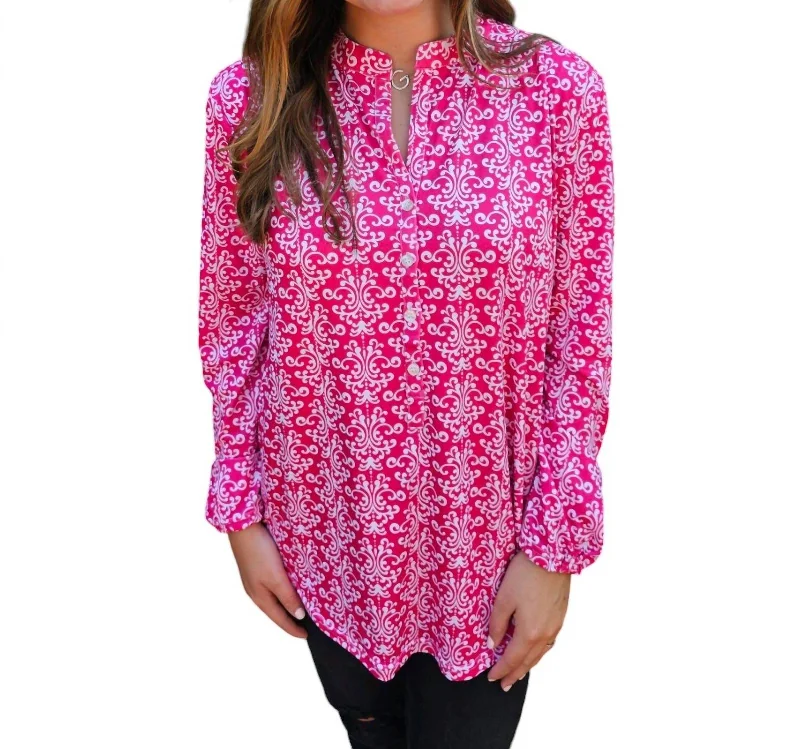 Print Pullover Top With Button Detail In Pink/white Style Breakthroughs