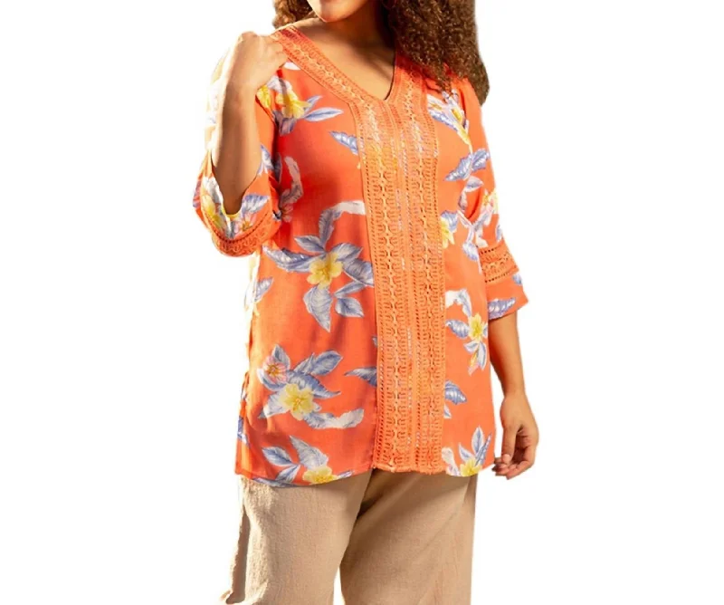 Print Tatum Bracelet Sleeve V-Neck Tunic - Plus Size In Island Sunrise Vintage Look